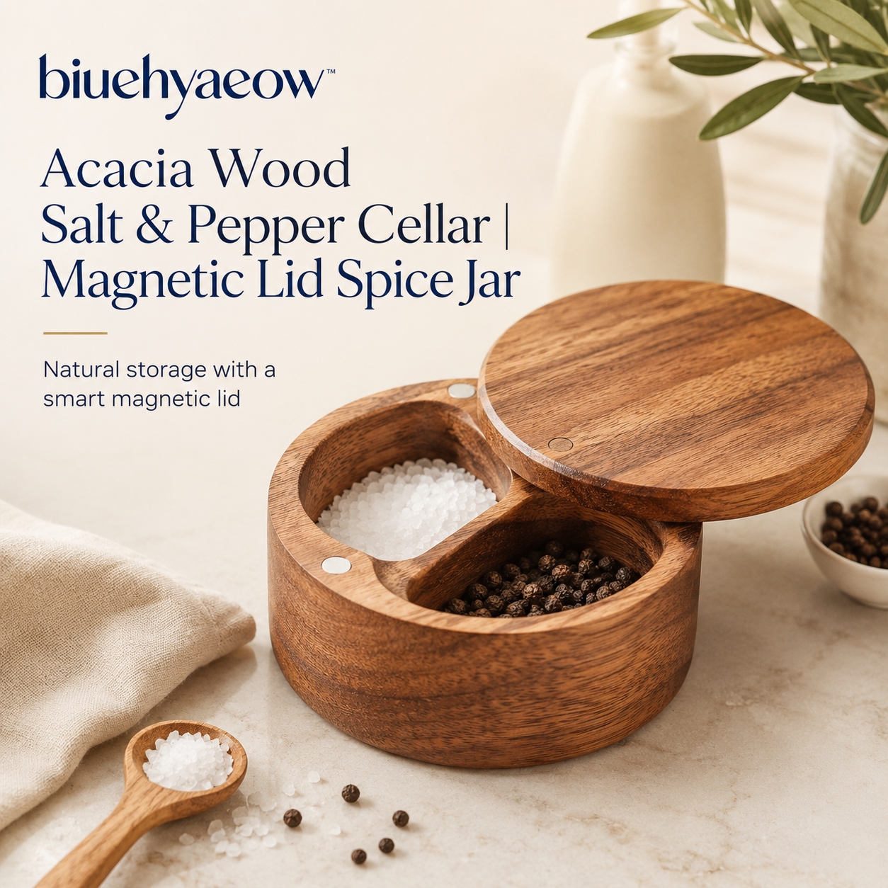 biuehyaeow™ Acacia Wood Salt & Pepper Cellar | Magnetic Lid Spice Jar