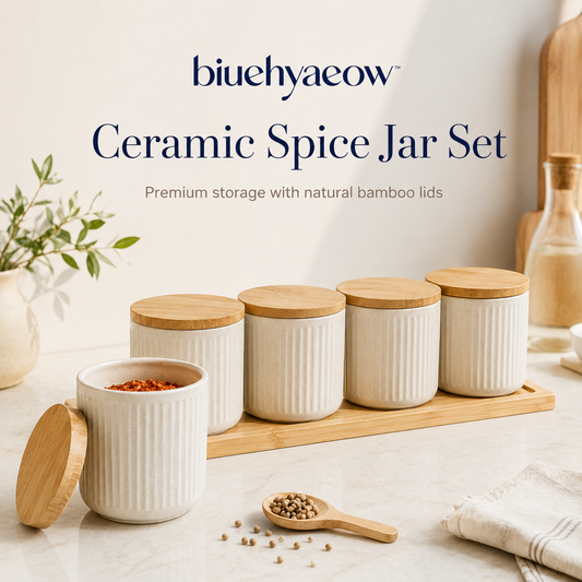 biuehyaeow™ Ceramic Spice Jar Set with Bamboo Lids | Premium Kitchen Storage