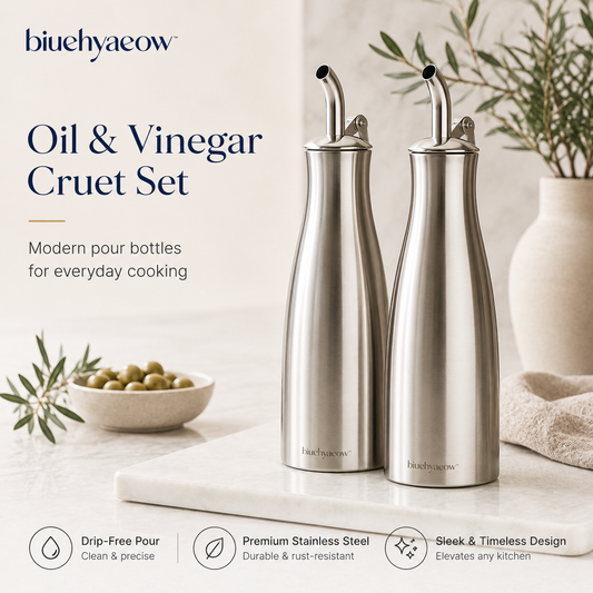 biuehyaeow™ Stainless Steel Oil & Vinegar Cruet Set | Modern Kitchen Pour Bottles