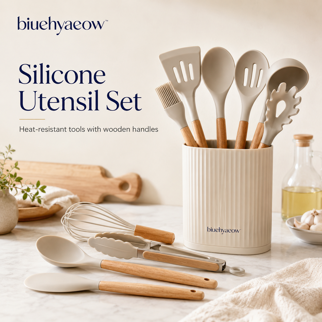 biuehyaeow™ Silicone Utensil Set with Wooden Handles | Heat-Resistant Cooking Tools